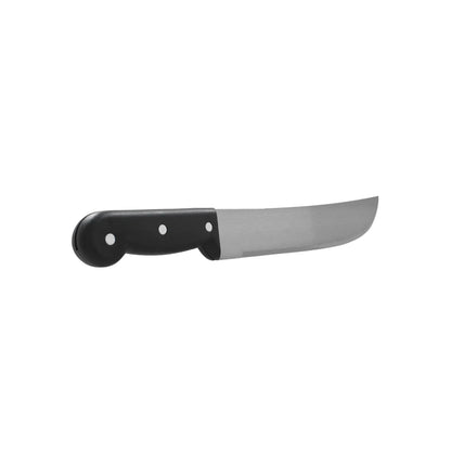 Cuchillo carnicero profesional con hoja de acero inoxidable y mango negro ergonómico de tres remaches.