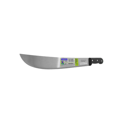 Machete Tramontina de acero al carbono con mango ergonómico negro para desmalezar y jardinería profesional.