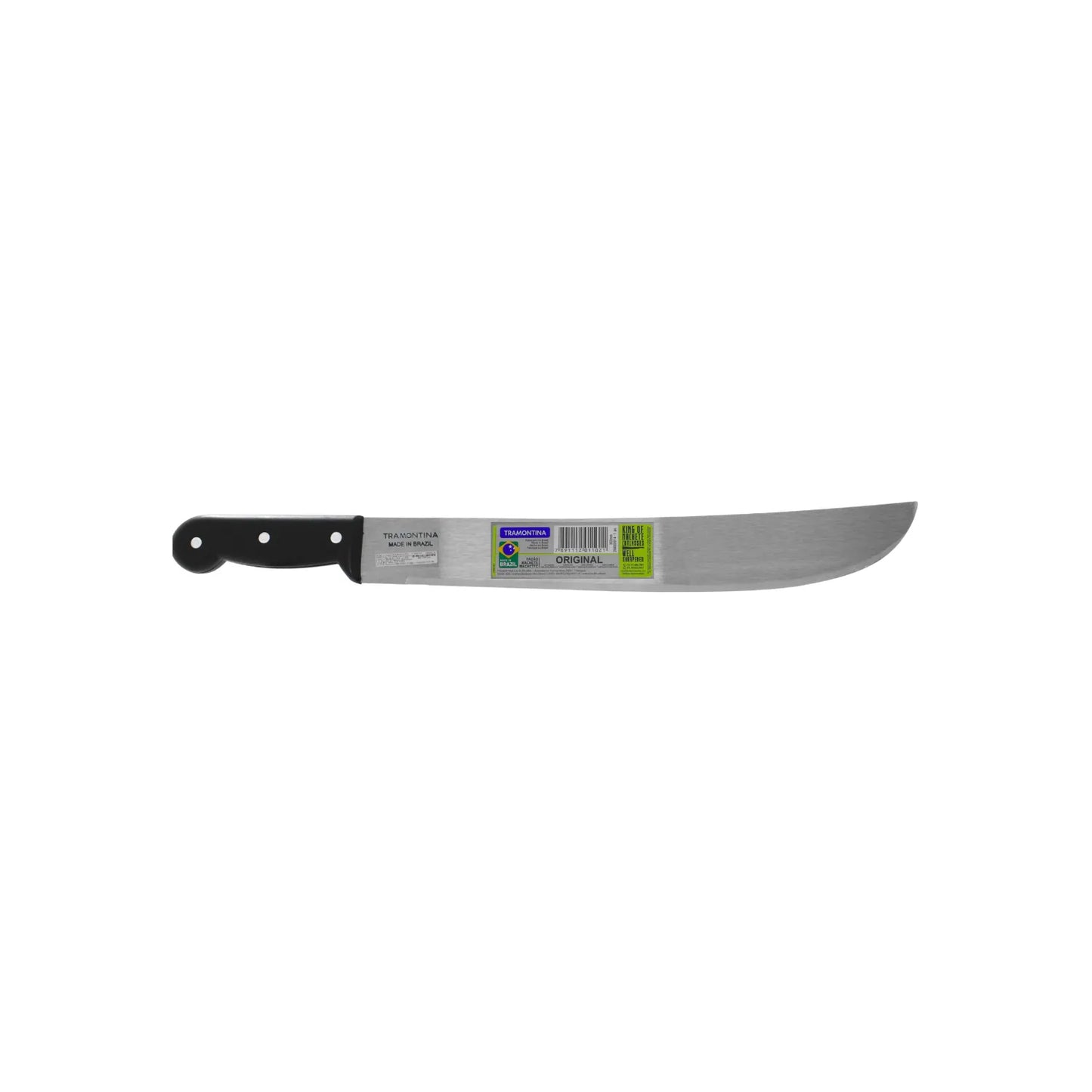 Machete Tramontina original con mango negro y hoja de acero resistente para limpieza de maleza y campo.