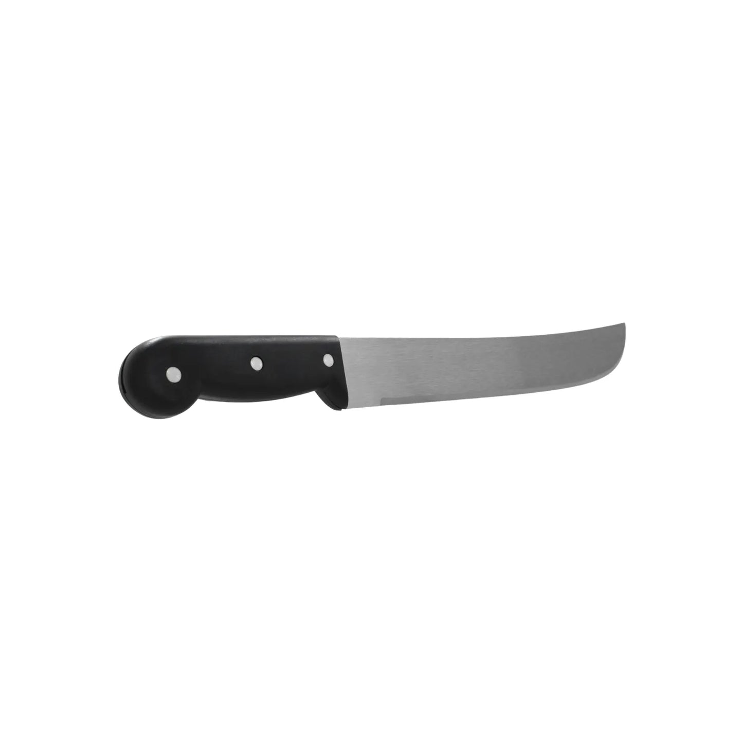 Cuchillo carnicero profesional con hoja curva de acero inoxidable y mango ergonómico negro de triple remache.