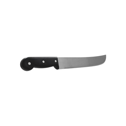 Cuchillo carnicero profesional con hoja curva de acero inoxidable y mango ergonómico negro de triple remache.