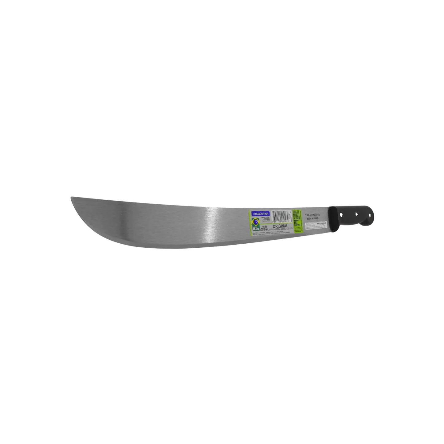 Machete Tramontina original de acero con mango negro ergonómico para desmalezar y trabajos de campo.
