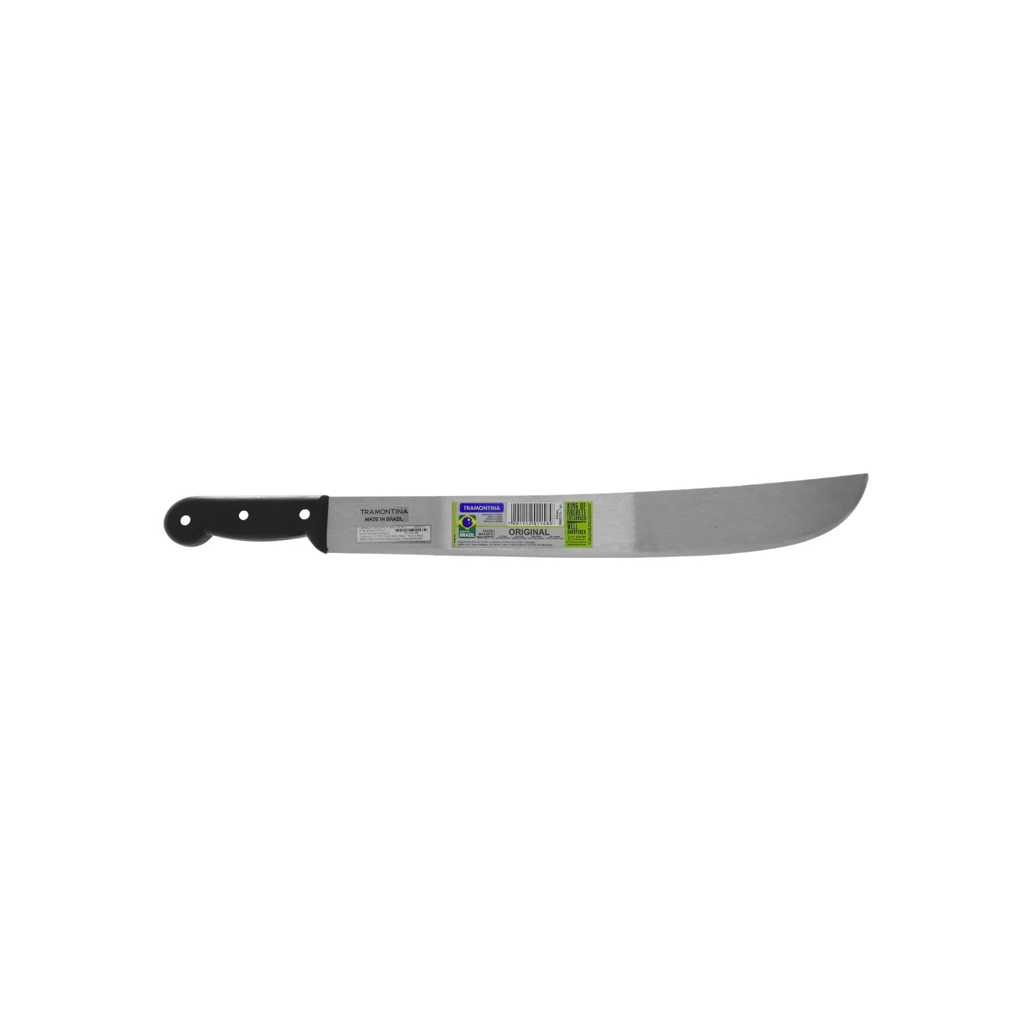 Machete Tramontina con mango negro de polipropileno y hoja de acero resistente para agricultura y jardín.