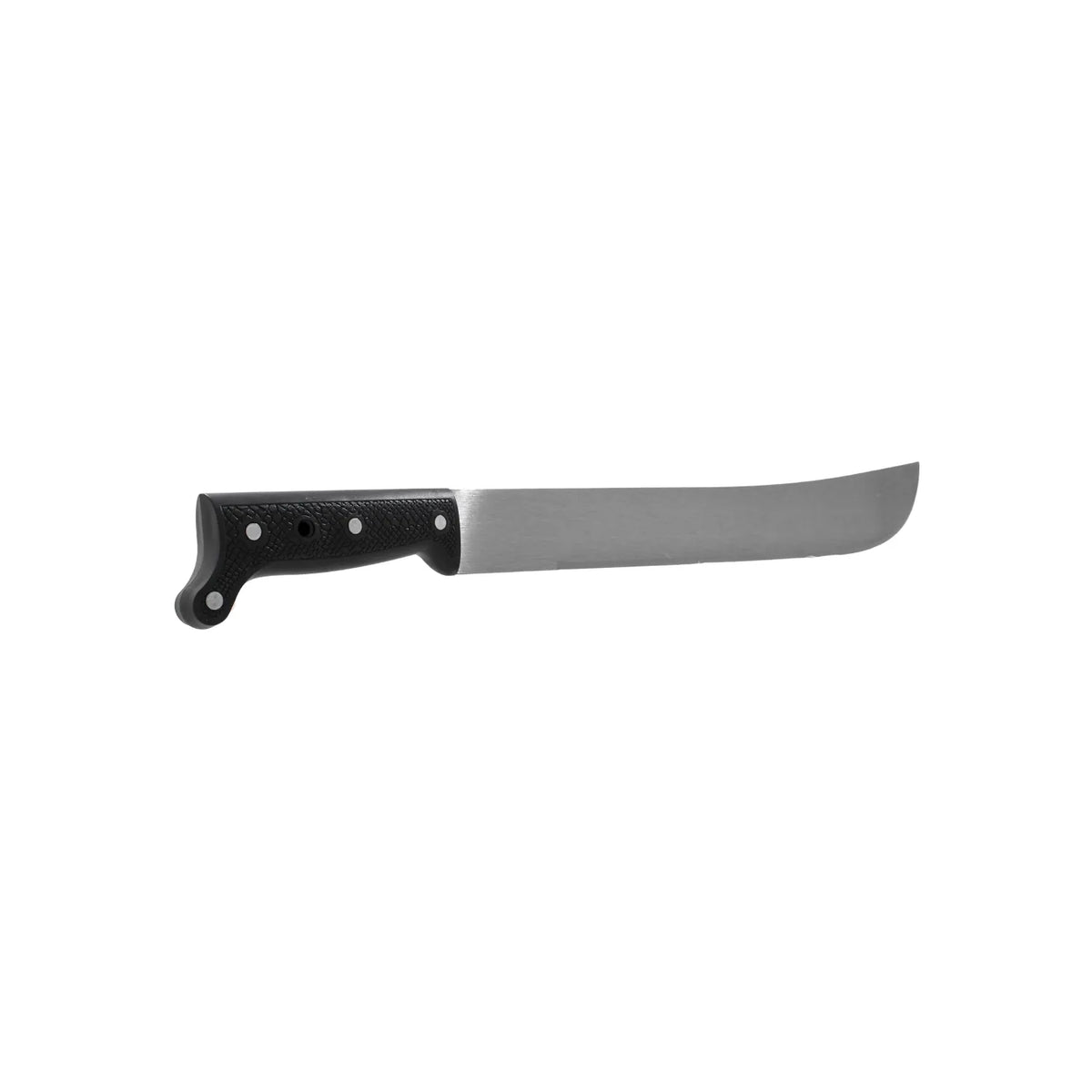 Machete de acero con mango ergonómico negro texturizado para limpieza de maleza y agricultura.