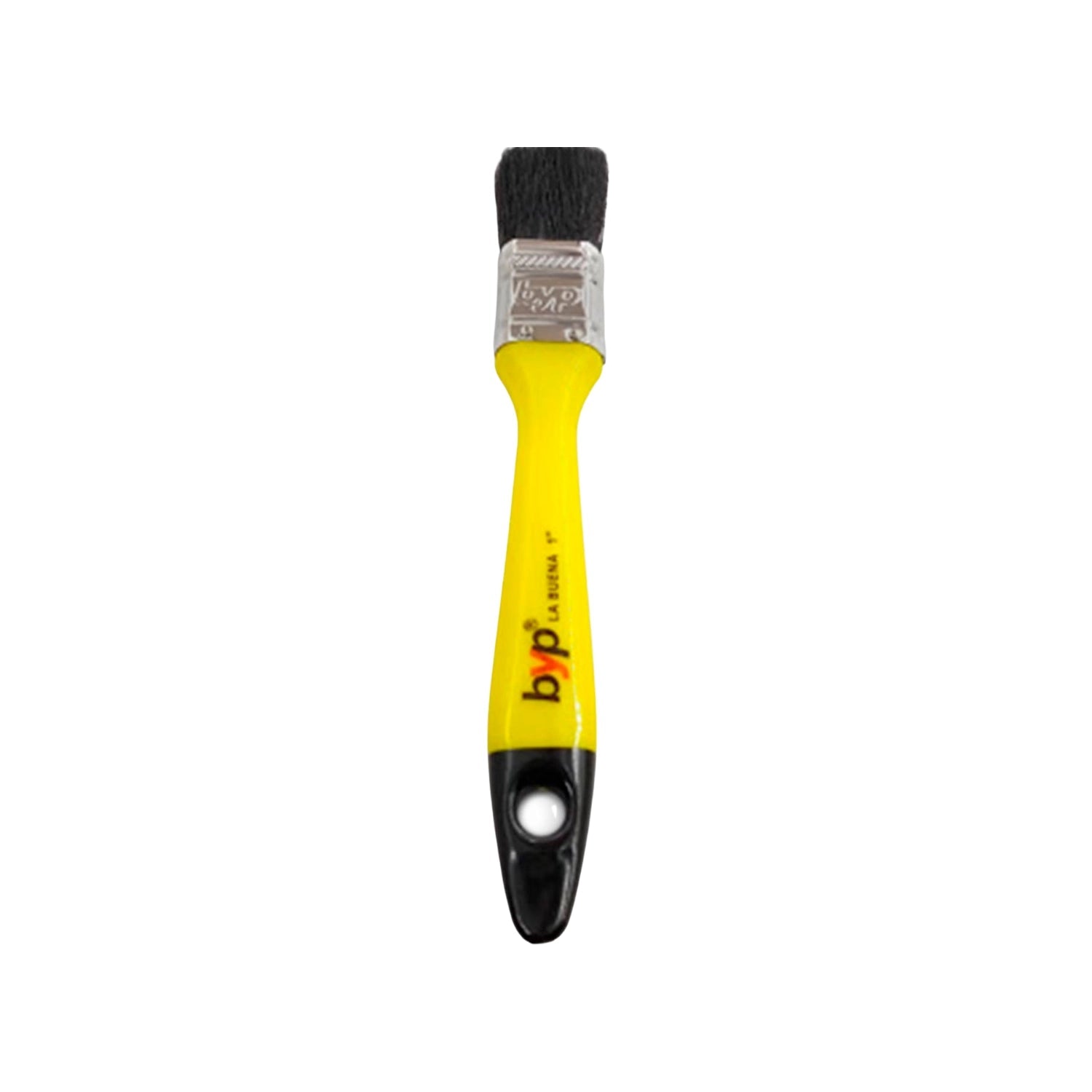 Brocha de pintura BYP de 1 pulgada con mango amarillo, cerdas negras y orificio para colgar, ideal para pintar.