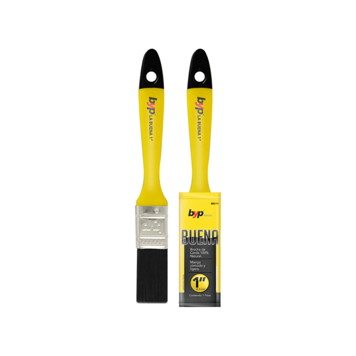 Brocha de pintura BYP Buena de 1 pulgada, cerdas 100% naturales, mango amarillo ergonómico.