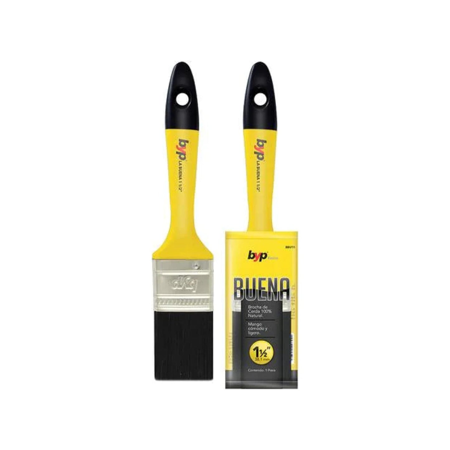 Brocha de pintura BYP BUENA 1 1/2" con mango amarillo, cerda 100% natural, cómoda y ligera para acabados.