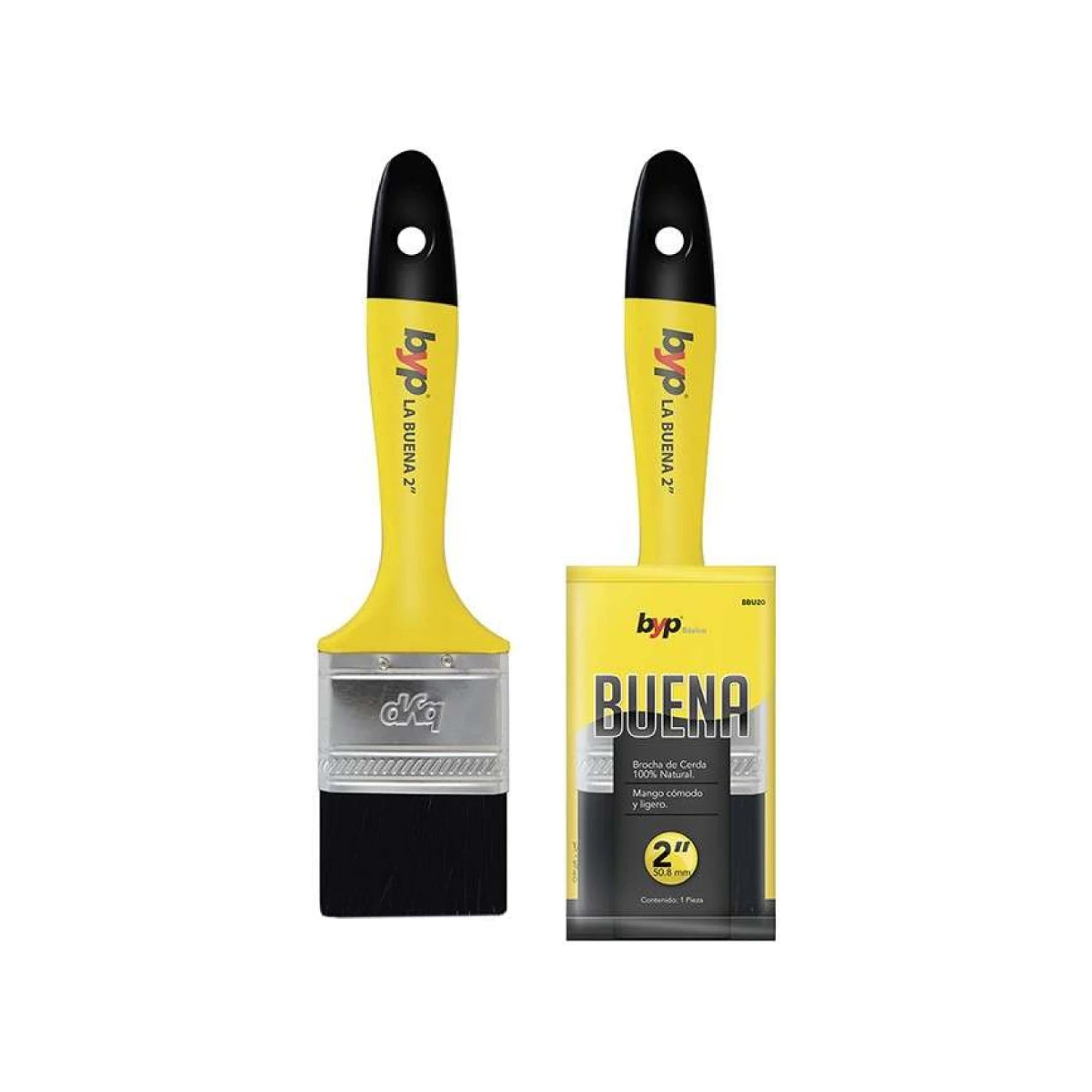 Brocha de pintura Byp Buena 2 pulgadas con cerdas 100% naturales y mango ergonómico amarillo y negro
