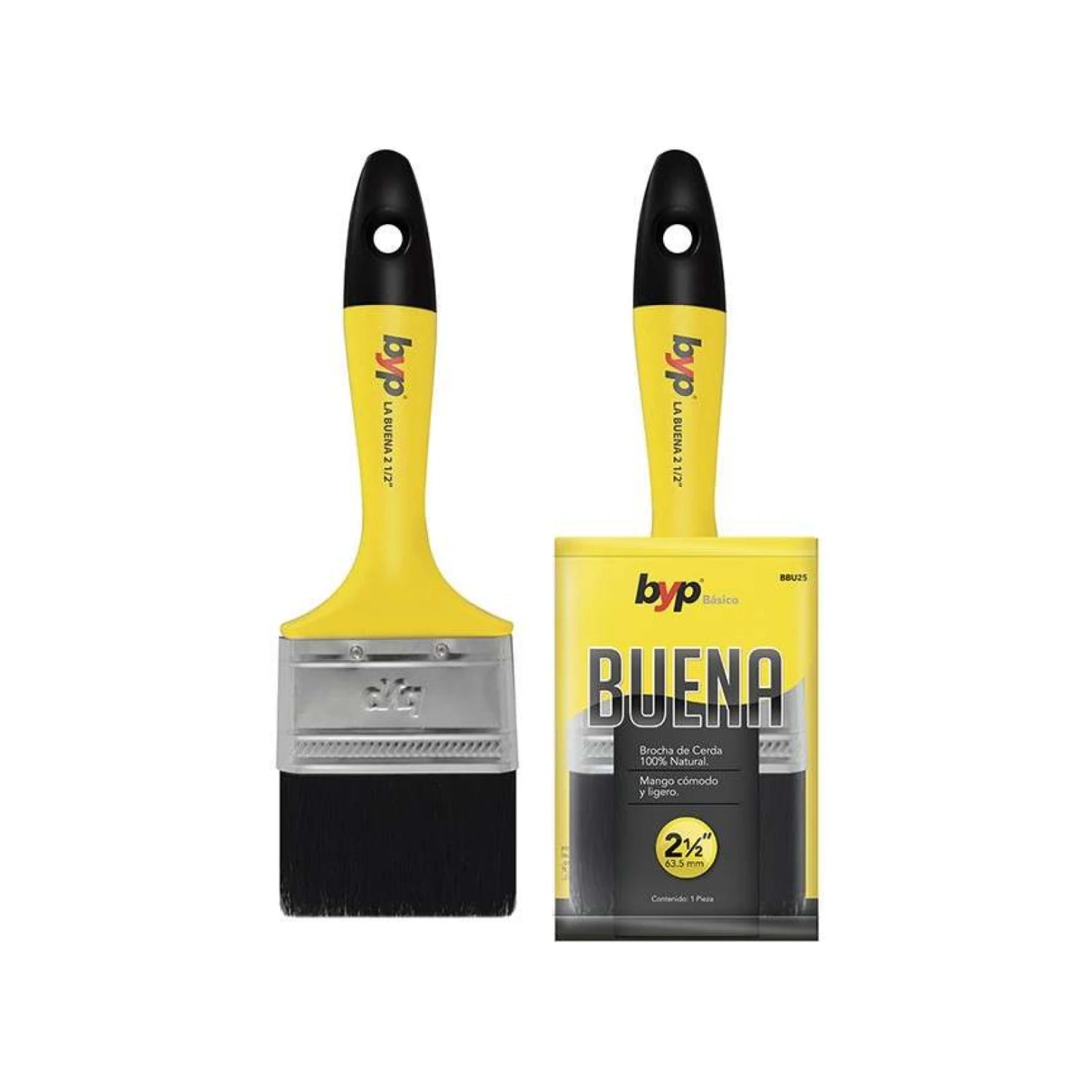 Brocha de cerda 100% natural BYP Buena 2 1/2" con mango ergonómico amarillo para pintura