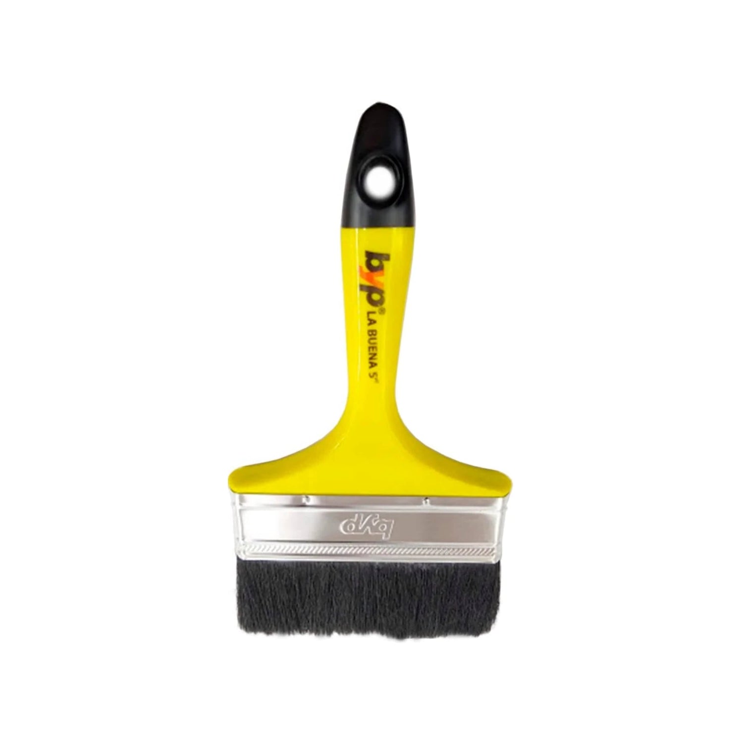 Brocha de pintura BYP 5 pulgadas, mango ergonómico amarillo y negro, cerdas negras para acabado profesional.