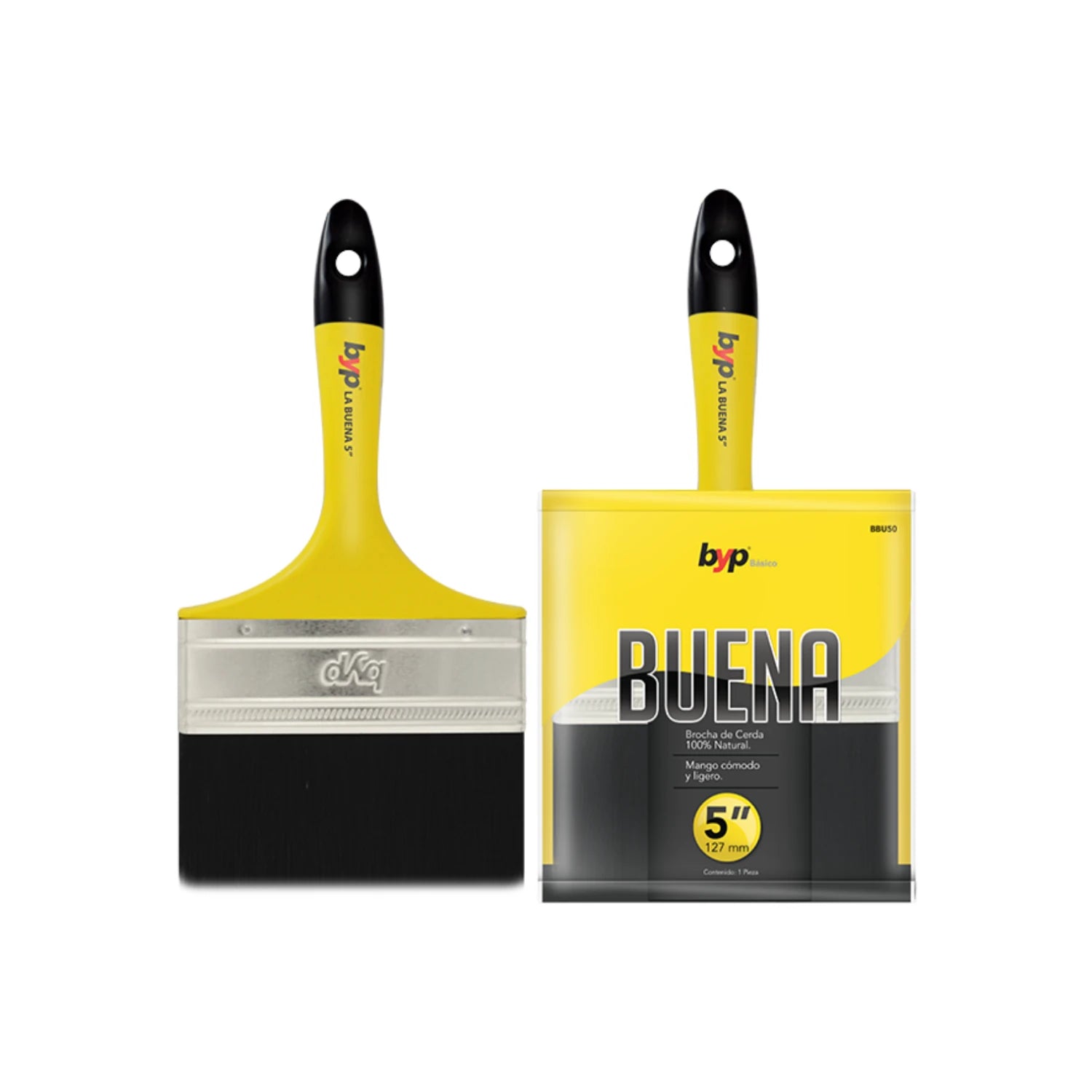 Brocha de pintura BYP BUENA de 5 pulgadas, cerda 100% natural, mango ergonómico amarillo y negro