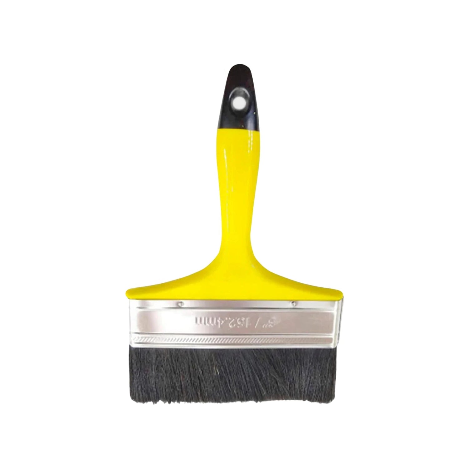 Brocha de pintura plana 6" (152.4mm) con mango amarillo y negro, cerdas oscuras para paredes.