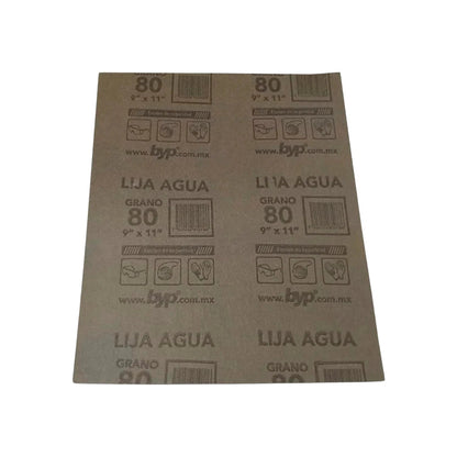 Lija de agua BYP grano 80 para lijado húmedo de superficies, hoja 9" x 11" ideal para remover material.