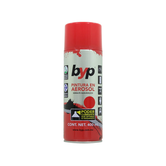 Pintura en aerosol BYP roja bermellón 400 ml, esmalte alquidálico de secado rápido para metal, madera y más.