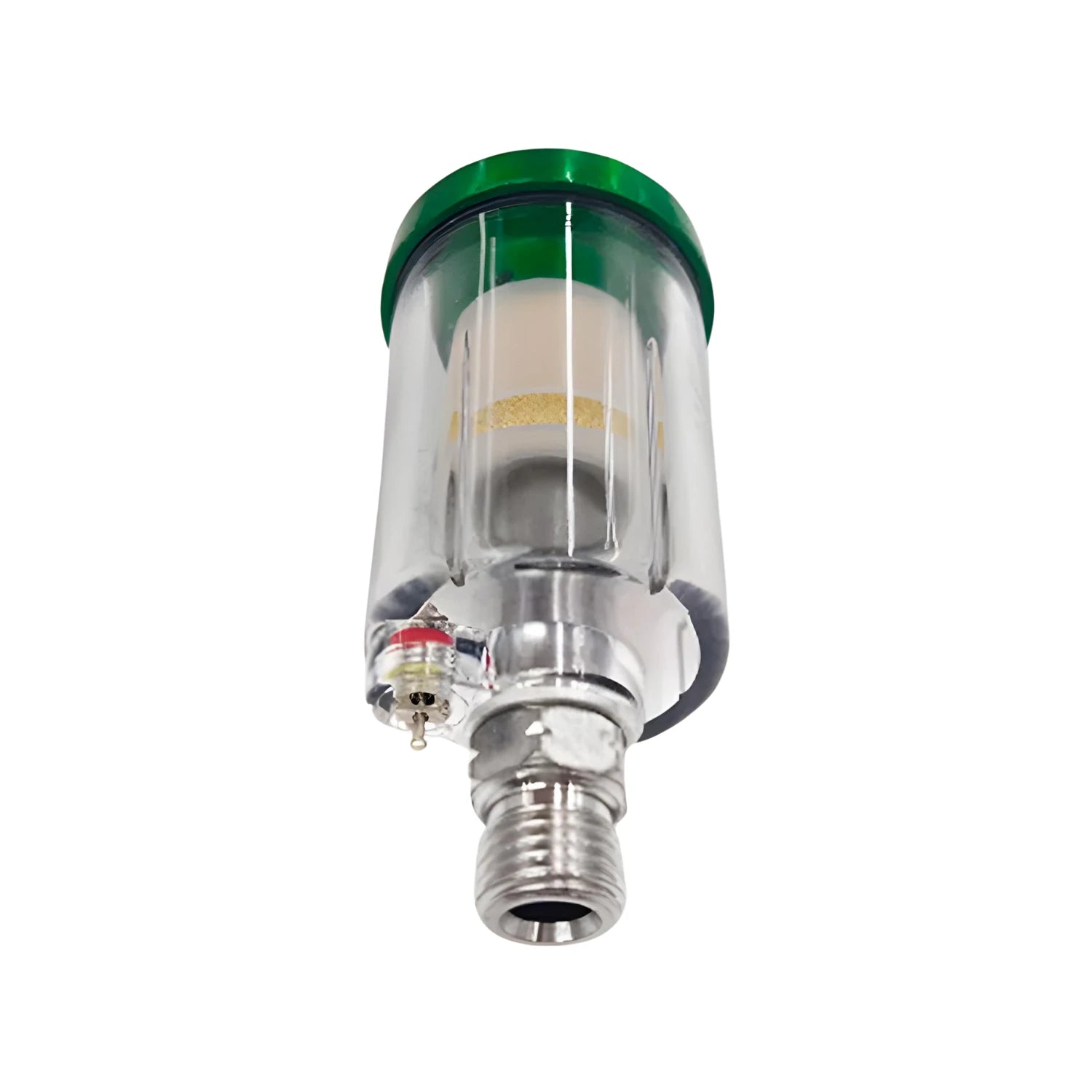 Separador de agua y aceite para compresor de aire 1/4" transparente con tapa verde y drenaje
