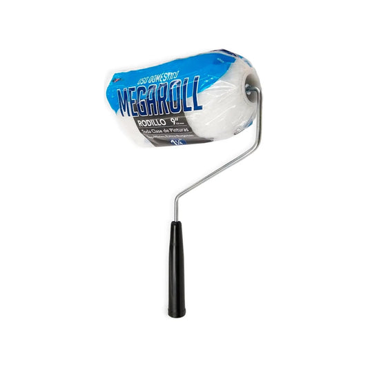 Rodillo Megaroll 9 pulgadas para superficies extra rugosas, cubierta de felpa blanca 1 1/4 pulg, mango negro