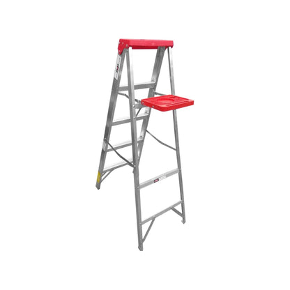 Escalera tijera Byp de aluminio 4 peldaños roja con bandeja para herramientas