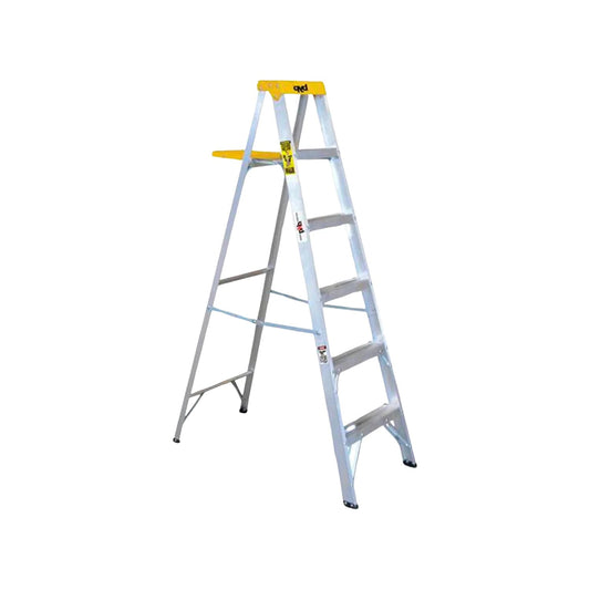Escalera de tijera de aluminio Quel con 5 peldaños y bandeja superior amarilla, ideal para trabajos en altura.