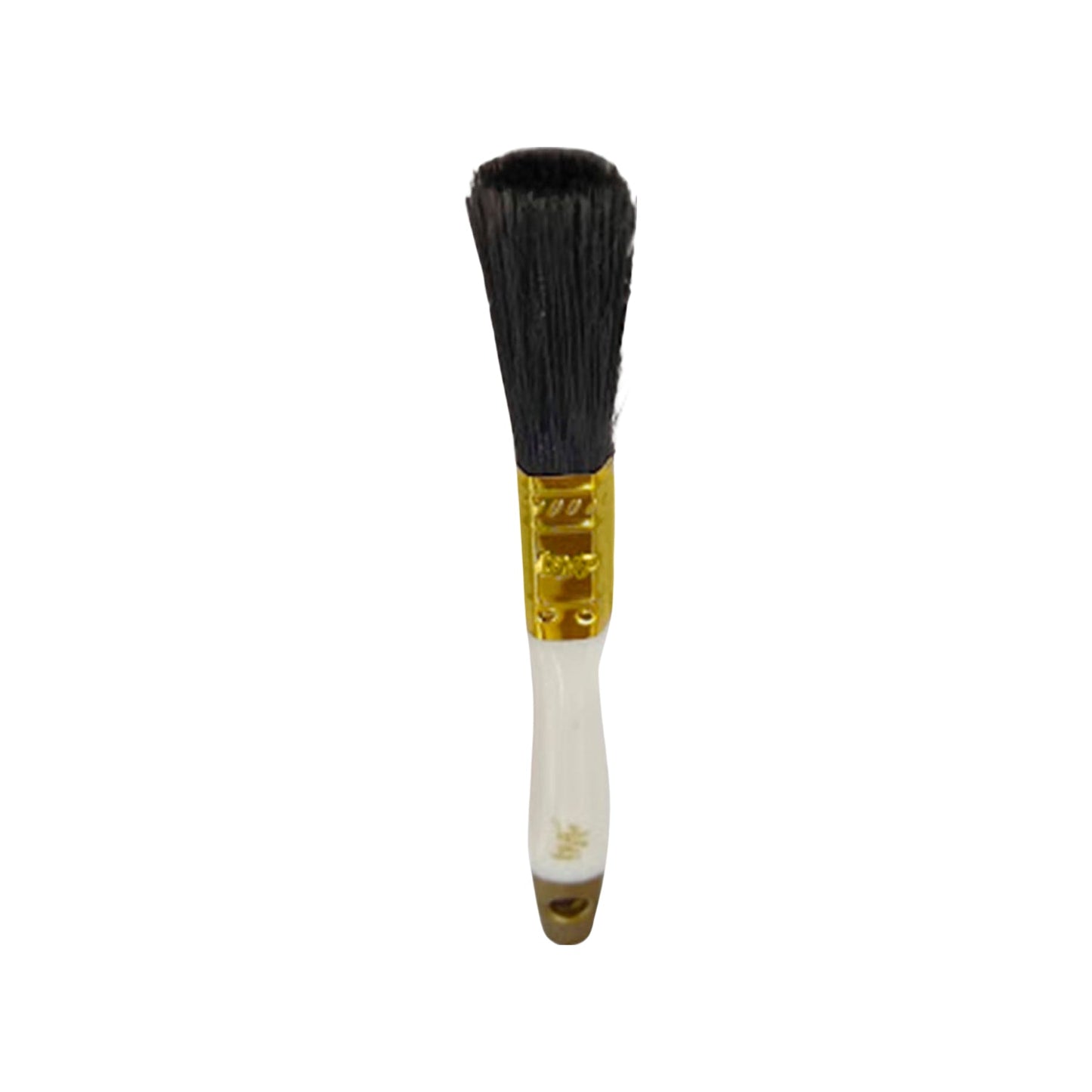 Brocha para pintura de 1/2 pulgada con cerdas negras, férula dorada y mango blanco ergonómico.