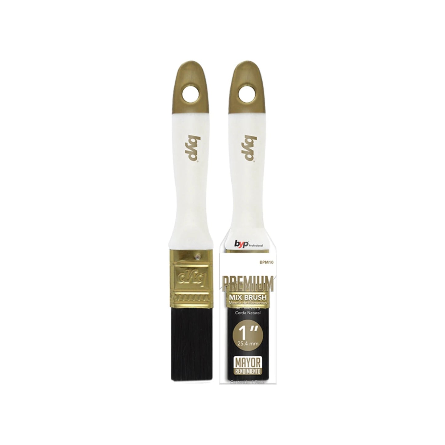Brocha BYP Profesional Premium 1 pulgada para pintar, cerdas mixtas poliéster y naturales, mango blanco