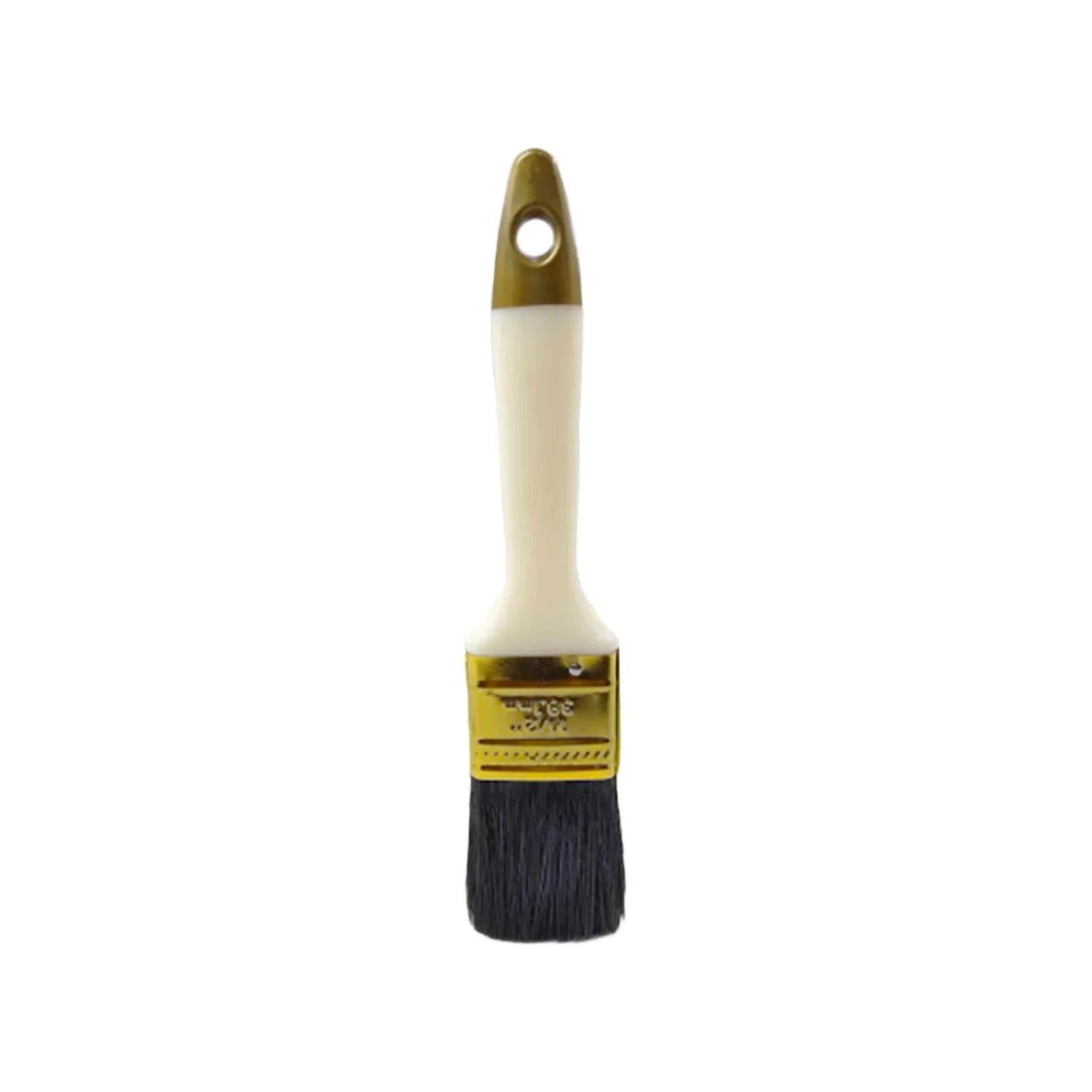 Brocha Byp premium de 1 1/2 pulgadas con mango de plástico beige y cerdas sintéticas negras para pintura y acabados.