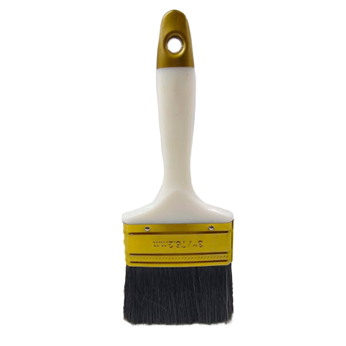 Brocha de pintura plana 3" (76.2mm) con mango blanco, férula amarilla y cerdas negras.