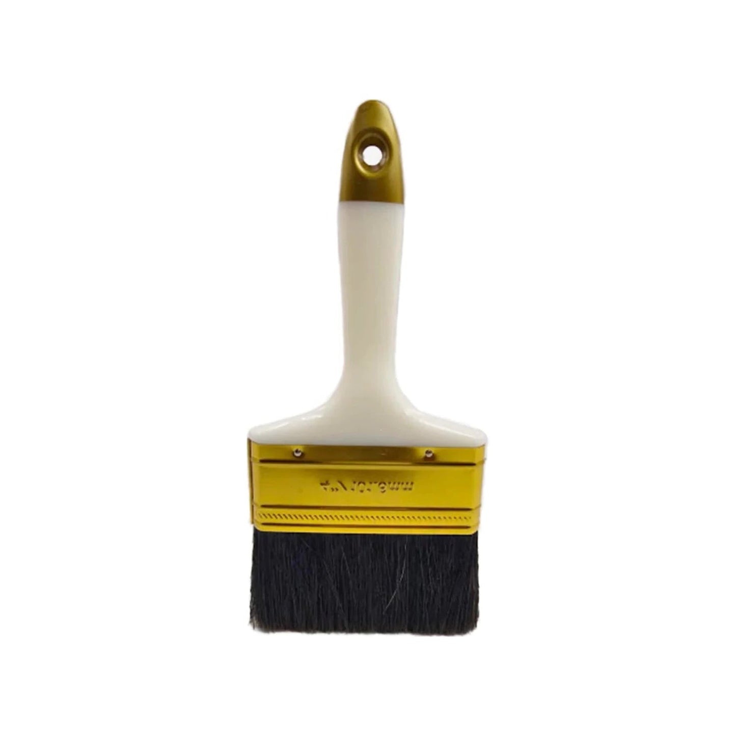 Brocha de pintura 4 pulgadas con mango blanco, férula dorada y cerdas negras para acabados profesionales.