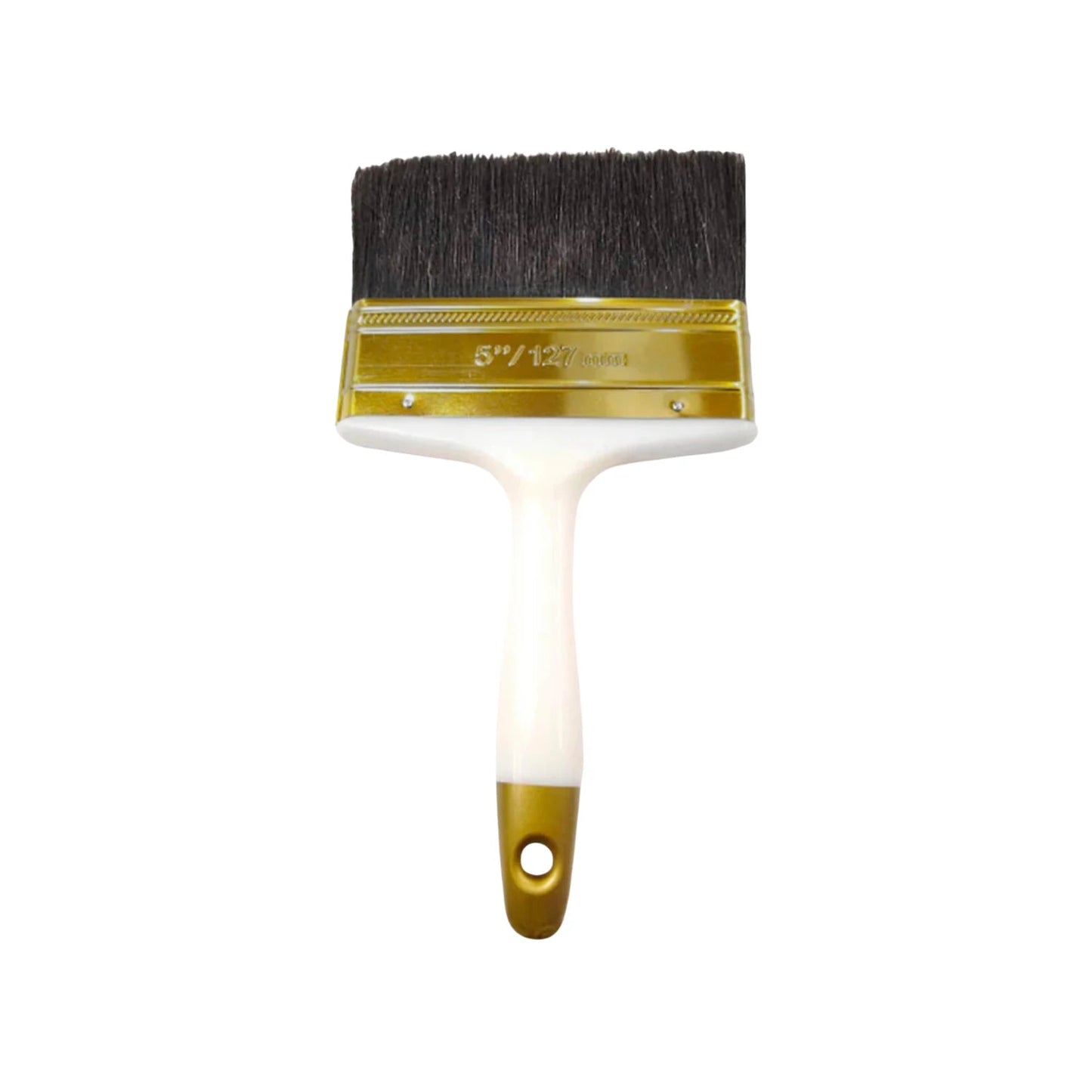 Brocha de pintura 5 pulgadas con cerdas oscuras, férula dorada y mango blanco brillante con detalle dorado