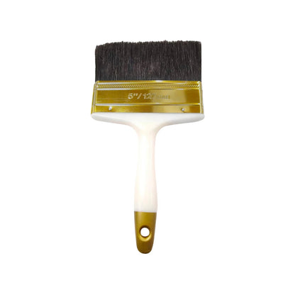 Brocha de pintura 5 pulgadas con cerdas oscuras, férula dorada y mango blanco brillante con detalle dorado
