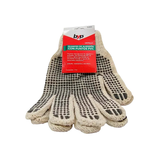 Guantes de trabajo BYP de algodón beige con puntos PVC para agarre antideslizante, protección en ferretería