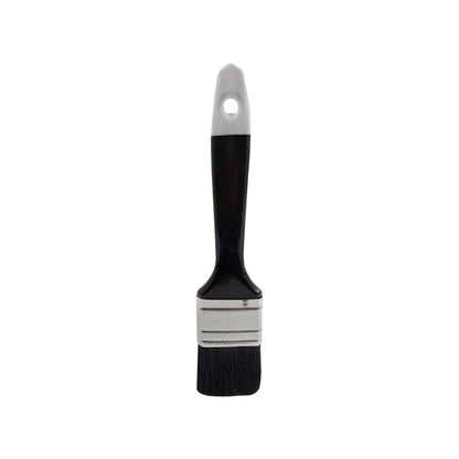 Brocha de 1 1/2 pulgadas, mango negro y blanco con orificio para colgar, cerdas negras, férula metálica, herramienta de pintura.