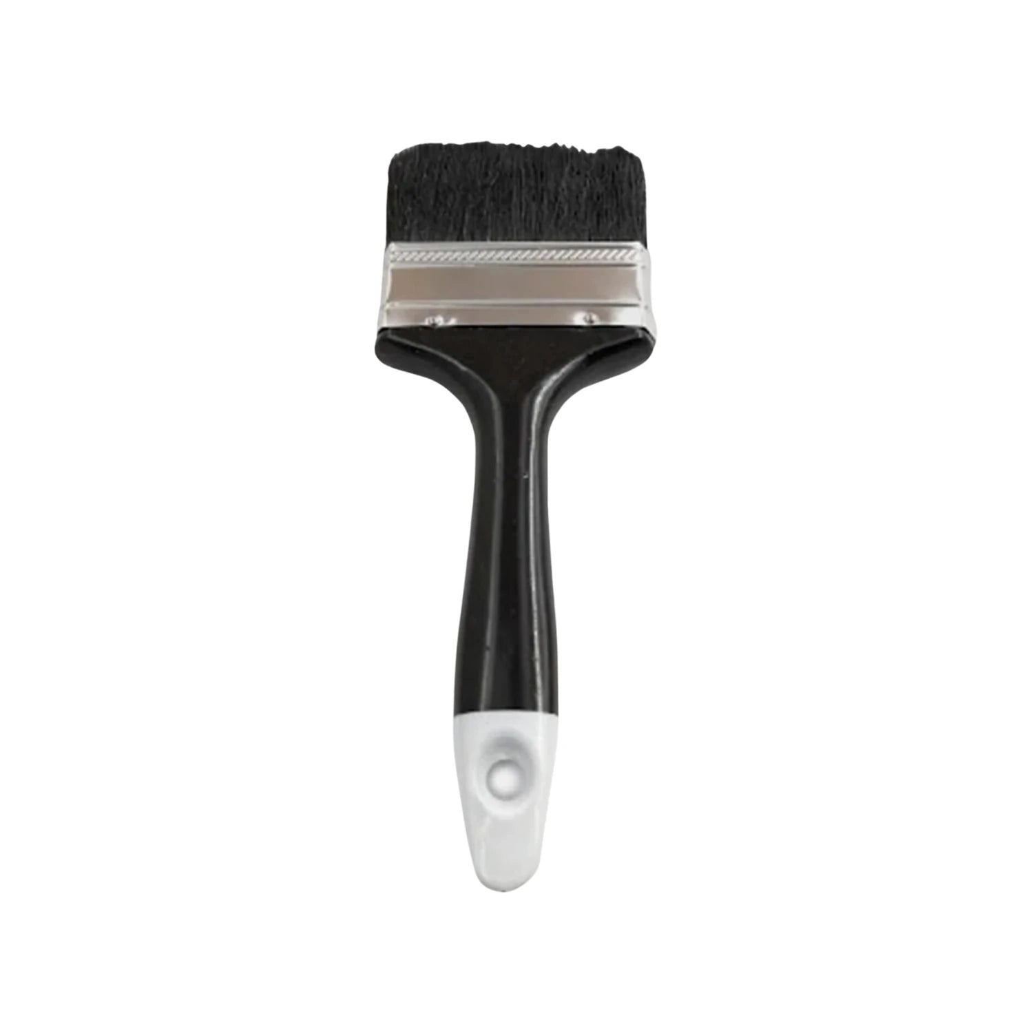 Brocha de pintura con cerdas negras, férula plateada y mango ergonómico negro y blanco.