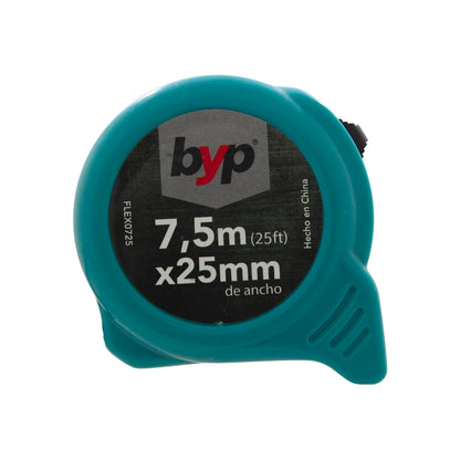 Flexómetro BYP 7.5m x 25mm cinta métrica turquesa resistente para mediciones precisas en construcción y ferretería.