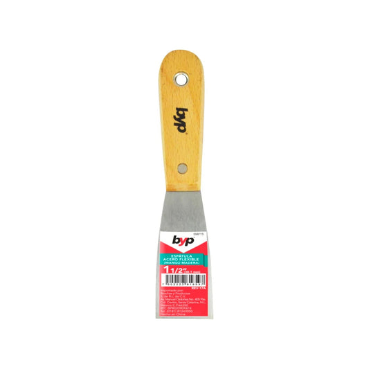 Espátula BYP de acero flexible 1 1/2" (38.1mm) con mango de madera, ideal para masilla, yeso y pintura, modelo EMF15.