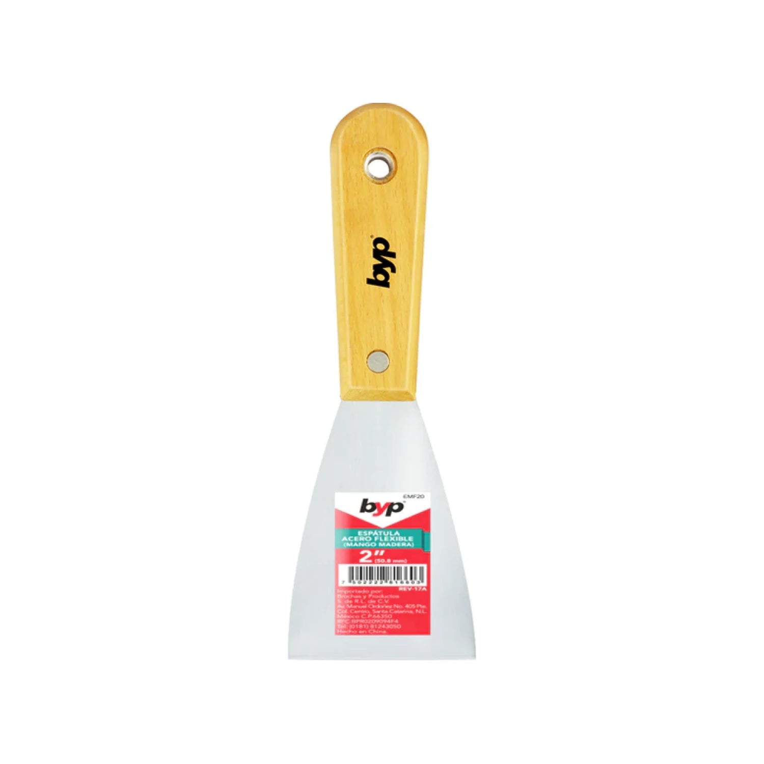 Espátula flexible Byp de 2 pulgadas con hoja de acero y mango de madera clara para masilla y pintura.