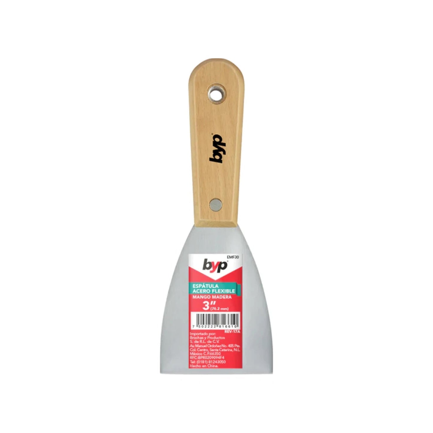 Espátula BYP 3 pulgadas de acero flexible con mango de madera para aplicar masilla y yeso.