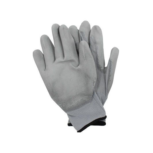 Guantes de trabajo ligeros gris claro de nylon con recubrimiento de poliuretano antiderrapante.