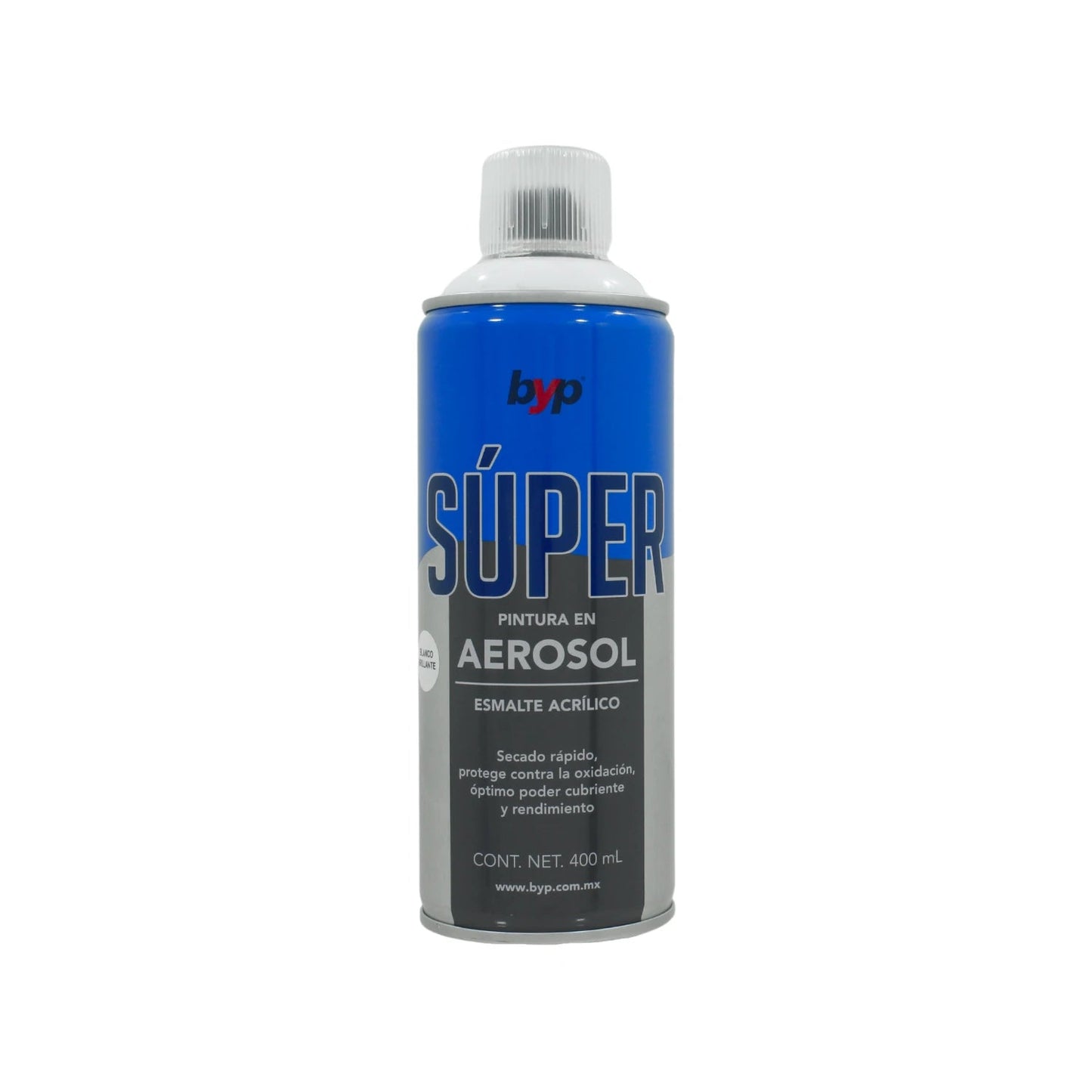 Pintura en aerosol acrílica BYP Súper blanco brillante 400ml, secado rápido, protección oxidación