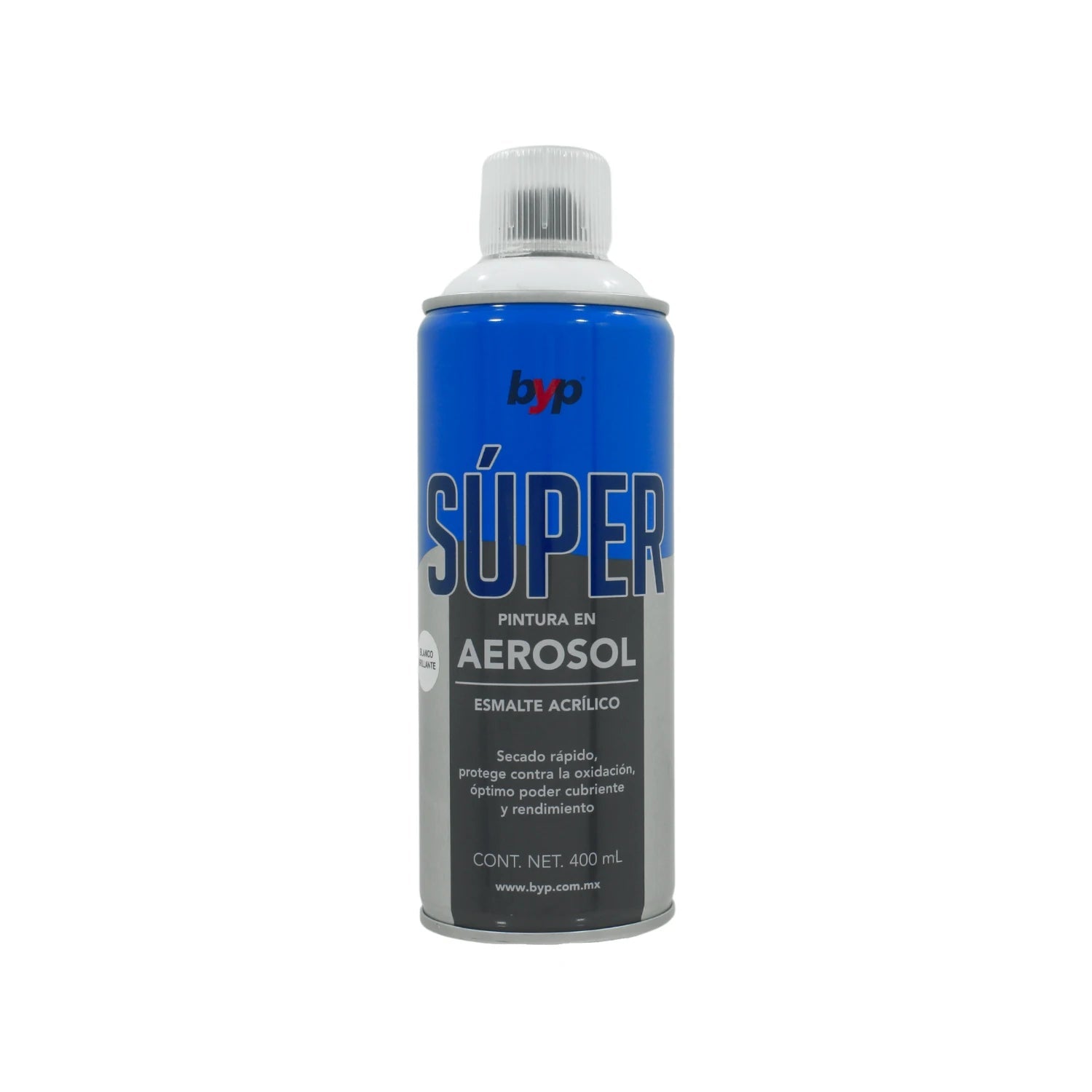Pintura en aerosol acrílica BYP Súper blanco brillante 400ml, secado rápido, protección oxidación