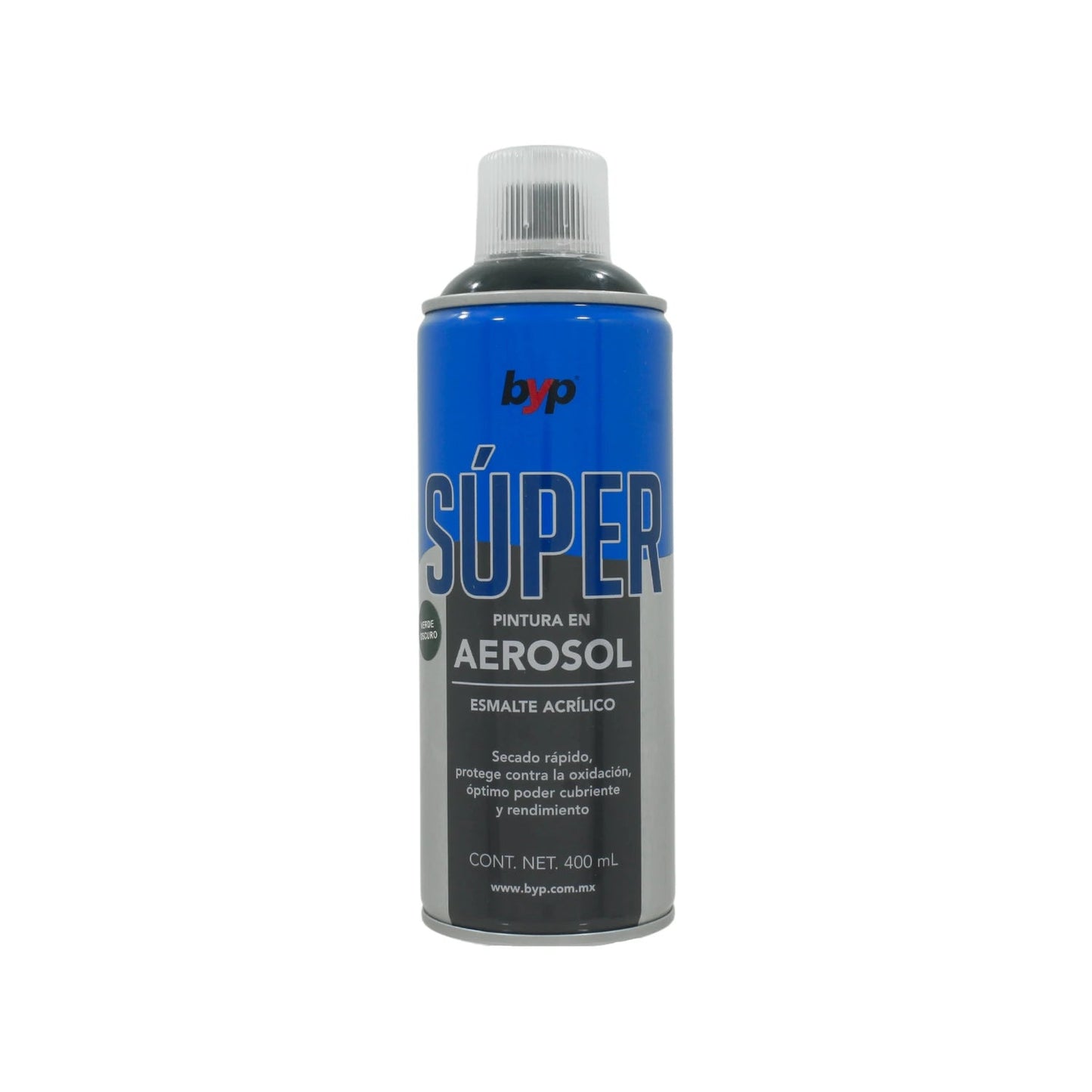 Pintura en aerosol Byp esmalte acrílico verde oscuro 400ml, secado rápido y protección contra oxidación.