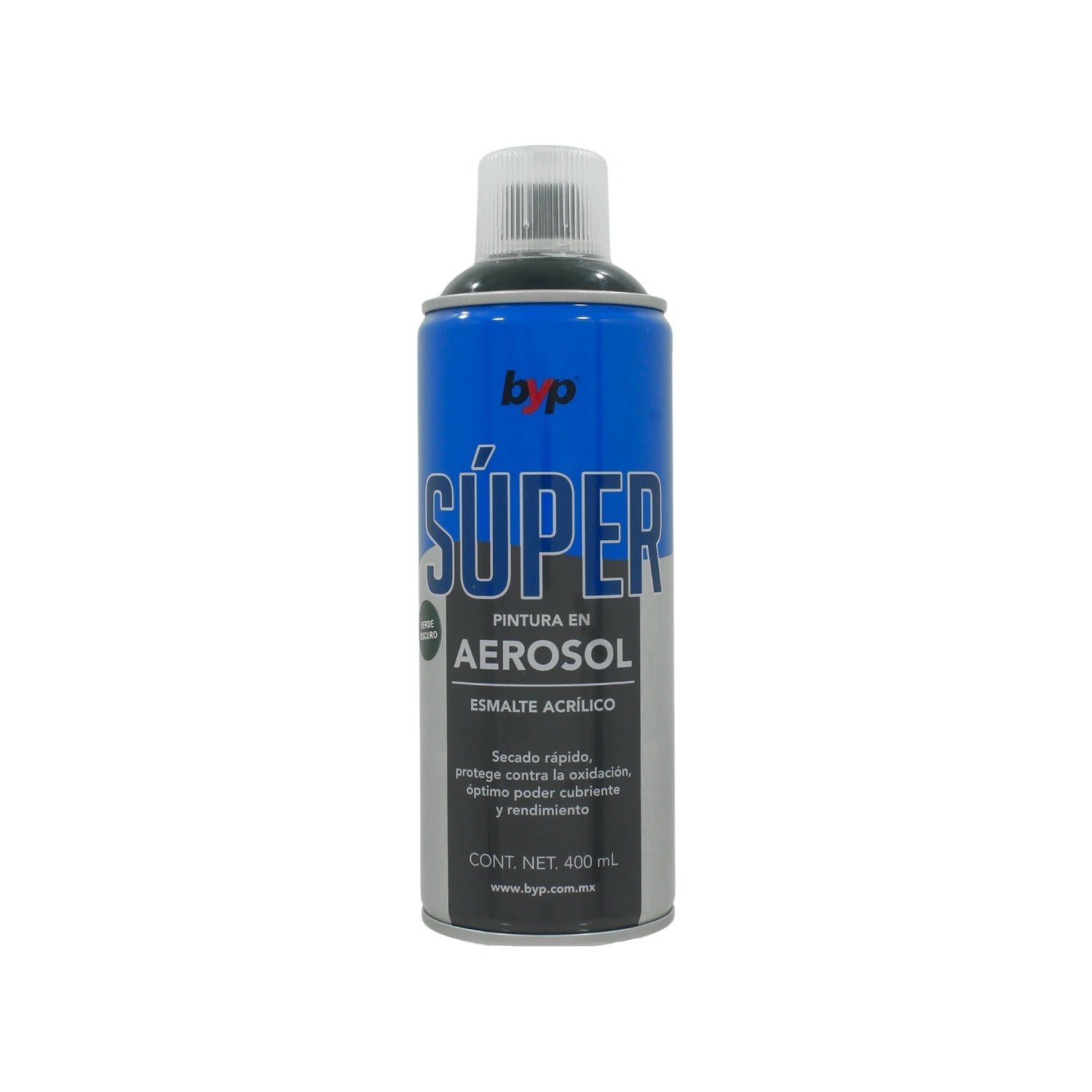 Pintura en aerosol Byp esmalte acrílico verde oscuro 400ml, secado rápido y protección contra oxidación.