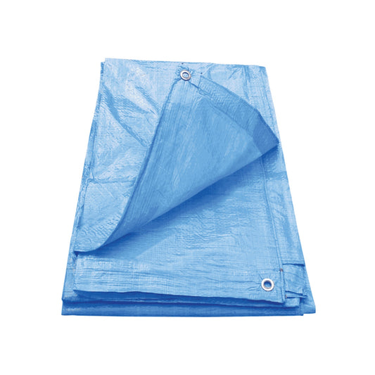 Lona azul de polietileno plegada, resistente al agua y con ojales metálicos para protección exterior.