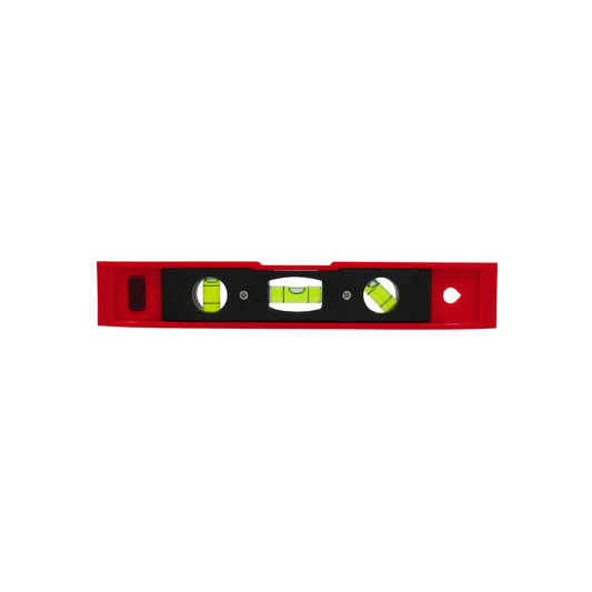 Nivel torpedo rojo de 9 pulgadas con 3 burbujas para medir horizontal, vertical y 45 grados en construcción.