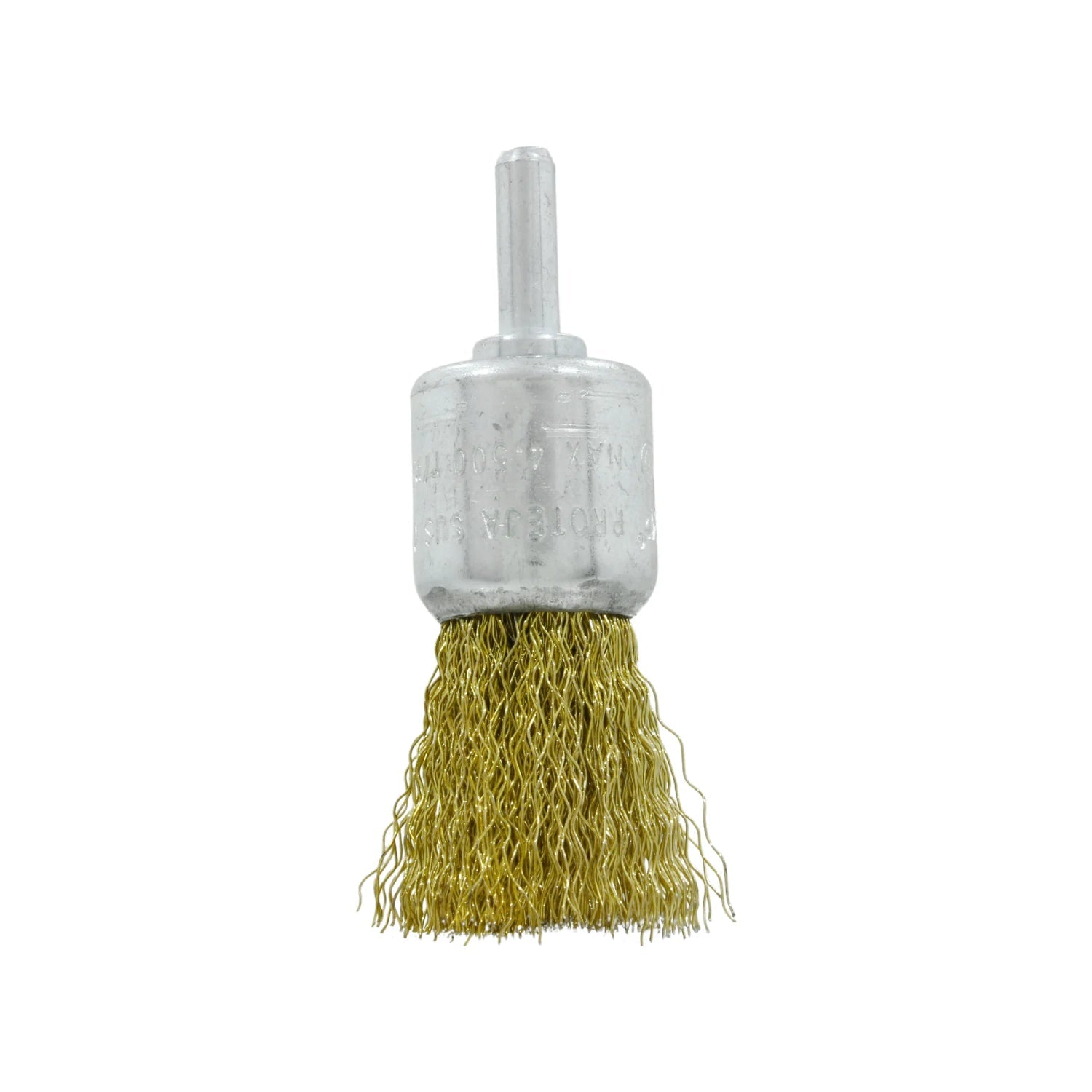Carda de alambre de latón crimpado tipo copa con vástago para taladro, ideal para limpieza y desbaste de metal.