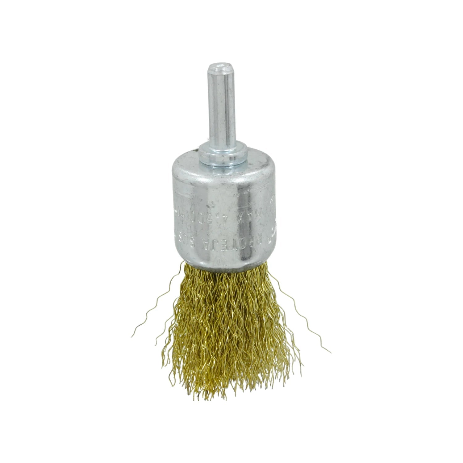 Carda circular de alambre de latón tipo copa para taladro, ideal para limpieza y desbaste de metal.