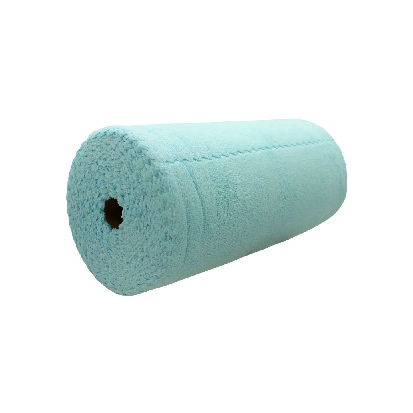 Rollo de paños de microfibra azul claro con perforaciones, altamente absorbente para limpieza en taller y hogar.
