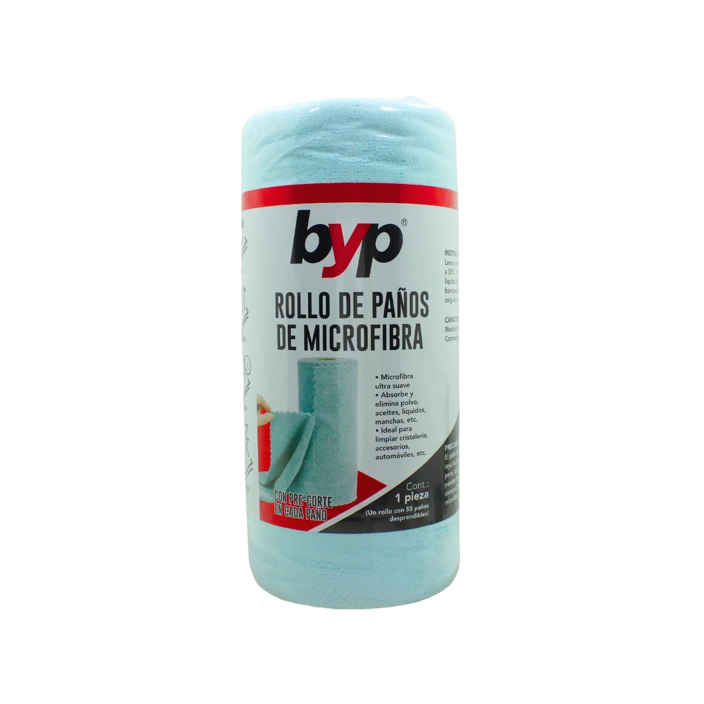 Rollo de paños de microfibra BYP azul claro con 55 unidades pre-cortadas para limpieza multiusos automotriz y hogar