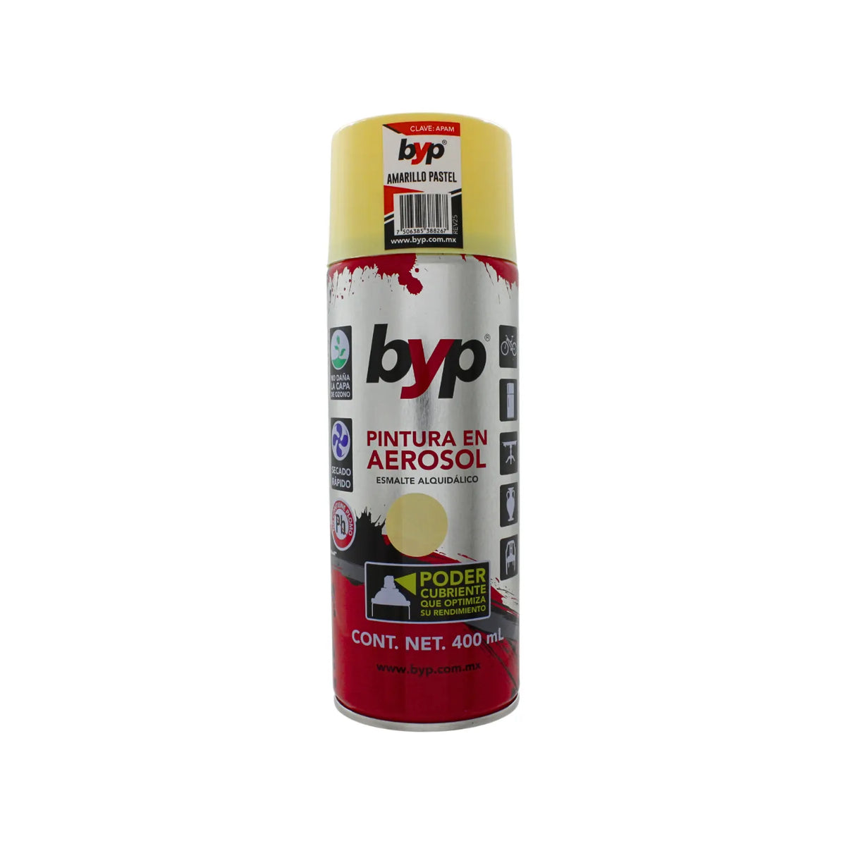 Pintura en aerosol BYP amarillo pastel 400ml esmalte alquidálico de secado rápido y alto poder cubriente.