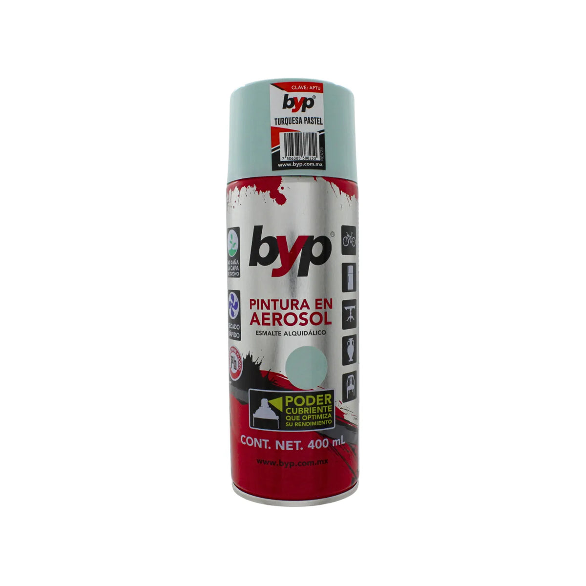 Pintura en aerosol BYP turquesa pastel 400ml esmalte alquidálico de alto poder cubriente para madera y metal