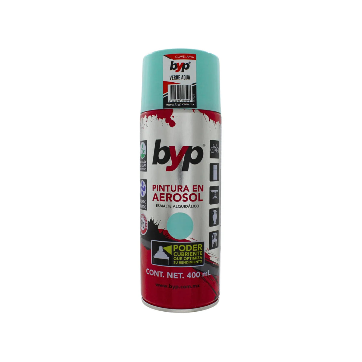 Pintura en aerosol verde aqua BYP 400ml esmalte alquidálico secado rápido y gran poder cubriente
